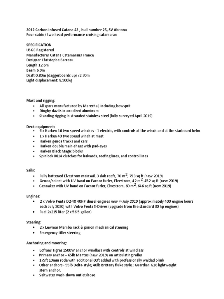 SV Abeona: Performance Catamaran Specs | PDF | Mast (Sailing) | Anchor
