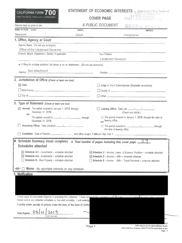Gavin Newsom Form 700 (2018) | PDF