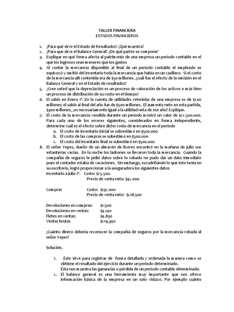 Taller Financiera | PDF | Estado de resultados | Contabilidad