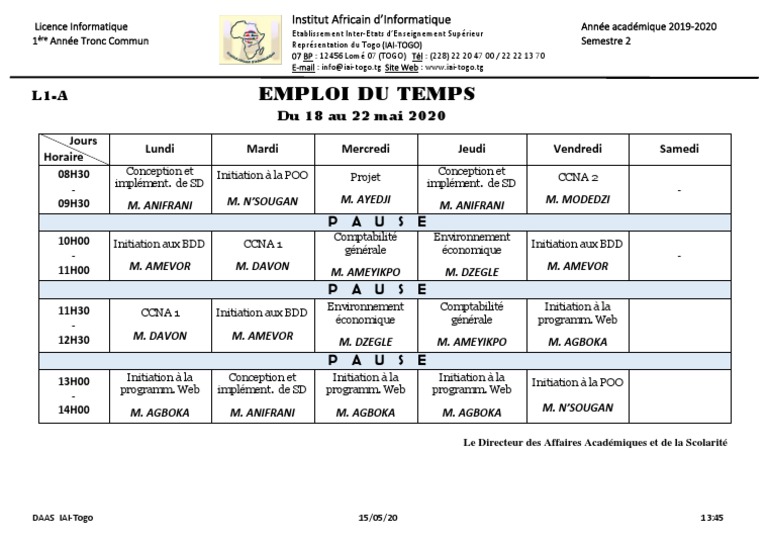 Emploi du temps L1 Informatique IAI-Togo | PDF | Science | Science et ...