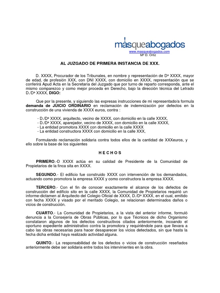 Demanda Reclamando Indemnizacin Por Defectos en La Construccin de Una ...