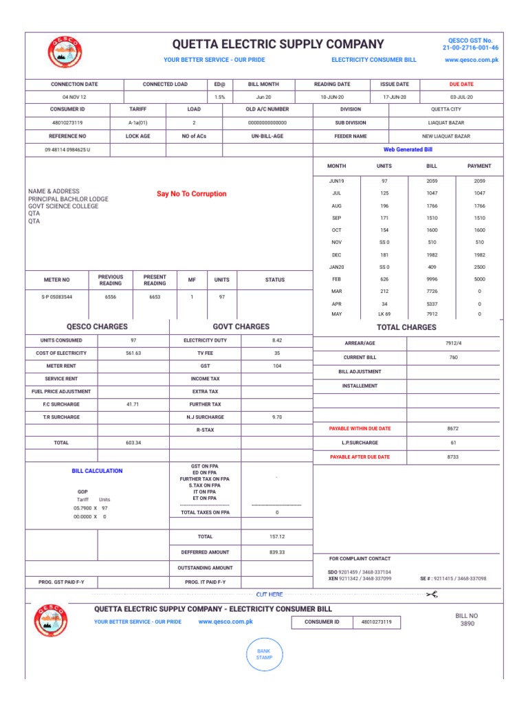 QESCO GST No. Electricity Bill PDF Economies Services (Economics)