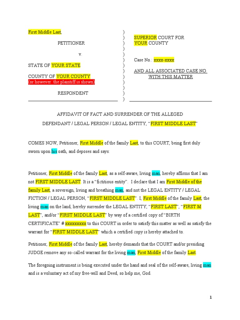 Surrender Strawman TEMPLATE PDF Affidavit Notary Public