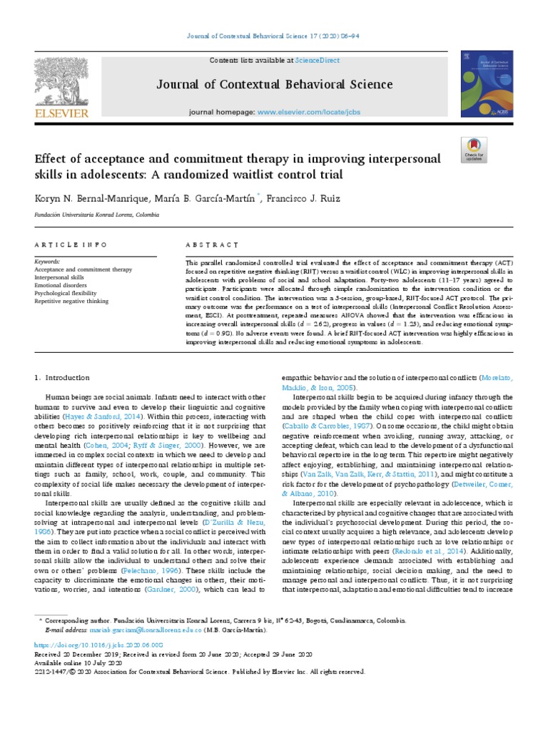 Effect of Acceptance and Commitment Therapy in Improving Interpersonal ...