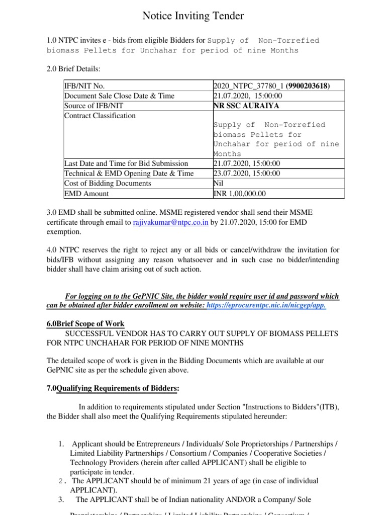 Notice Inviting Tender: Rajivakumar@ntpc - Co.in | Download Free PDF ...