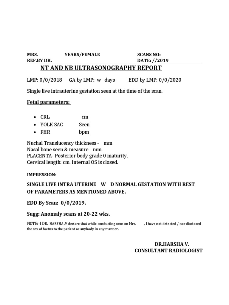 NT and NB Ultrasonography Report Fetal Parameters PDF