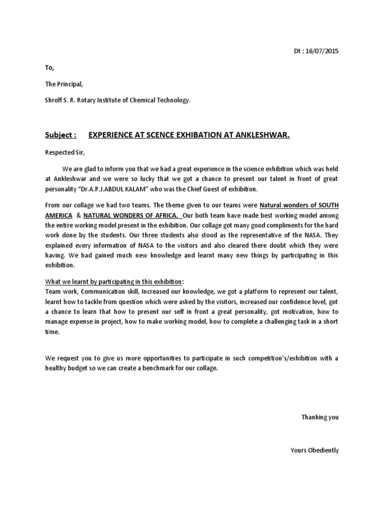 Subject: Experience at Scence Exhibation at Ankleshwar | PDF | Art