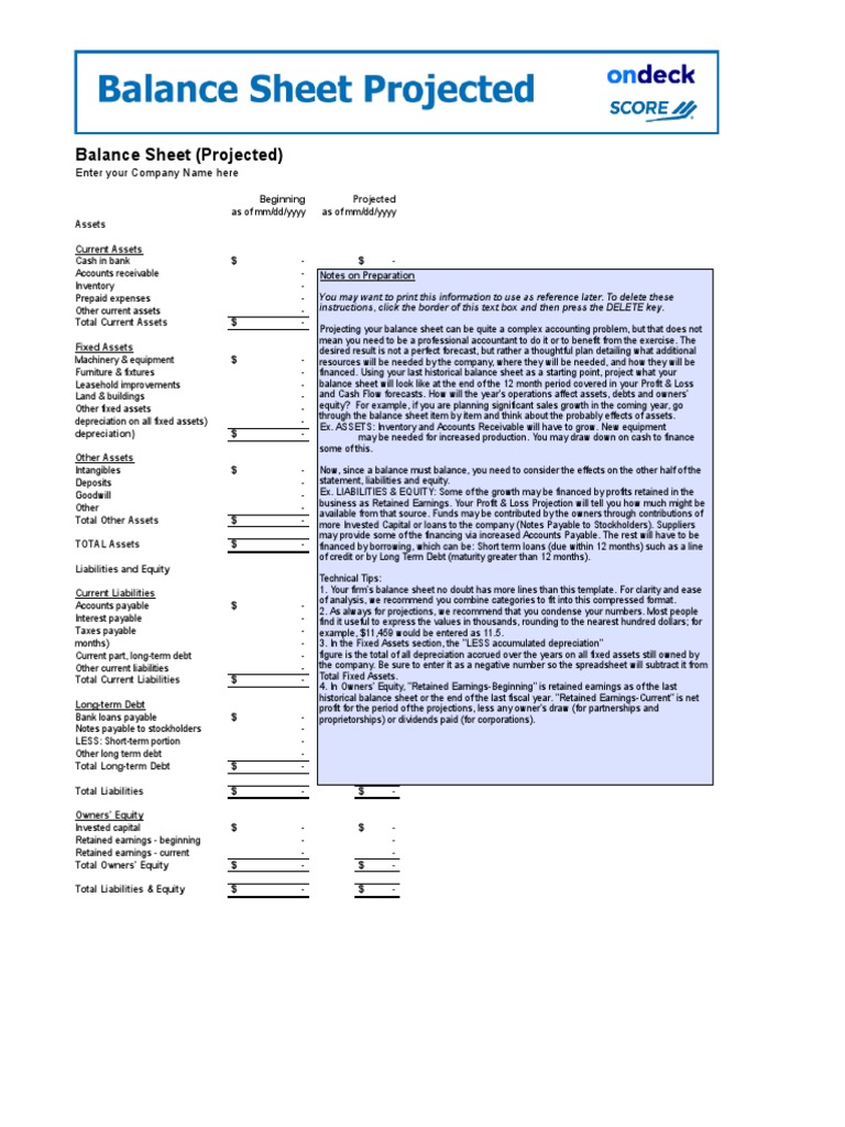 Balance Sheet (Projected) : Enter Your Company Name Here | PDF | Equity ...