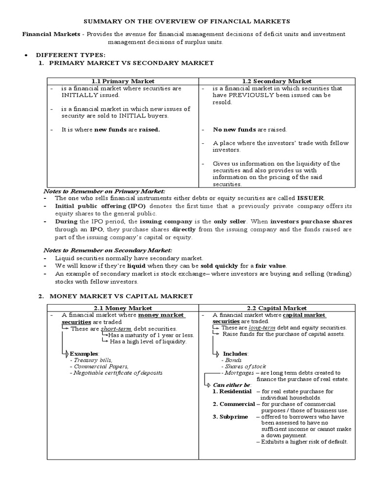 Financial Markets Overview Guide | PDF | Financial Markets | Secondary ...