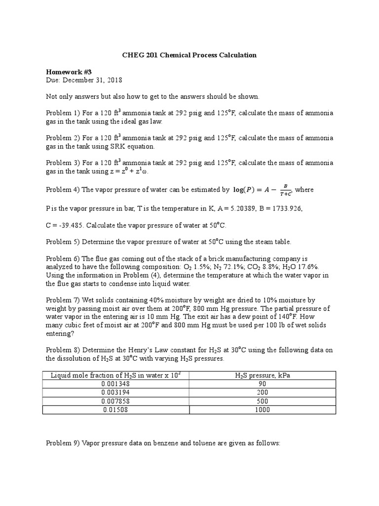 Homework #3 For Chemical Process Calculation PDF | PDF | Pressure | Vapor