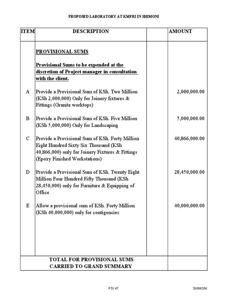 Provisional Prime Cost Sums Grand Summary 1 PDF Nature
