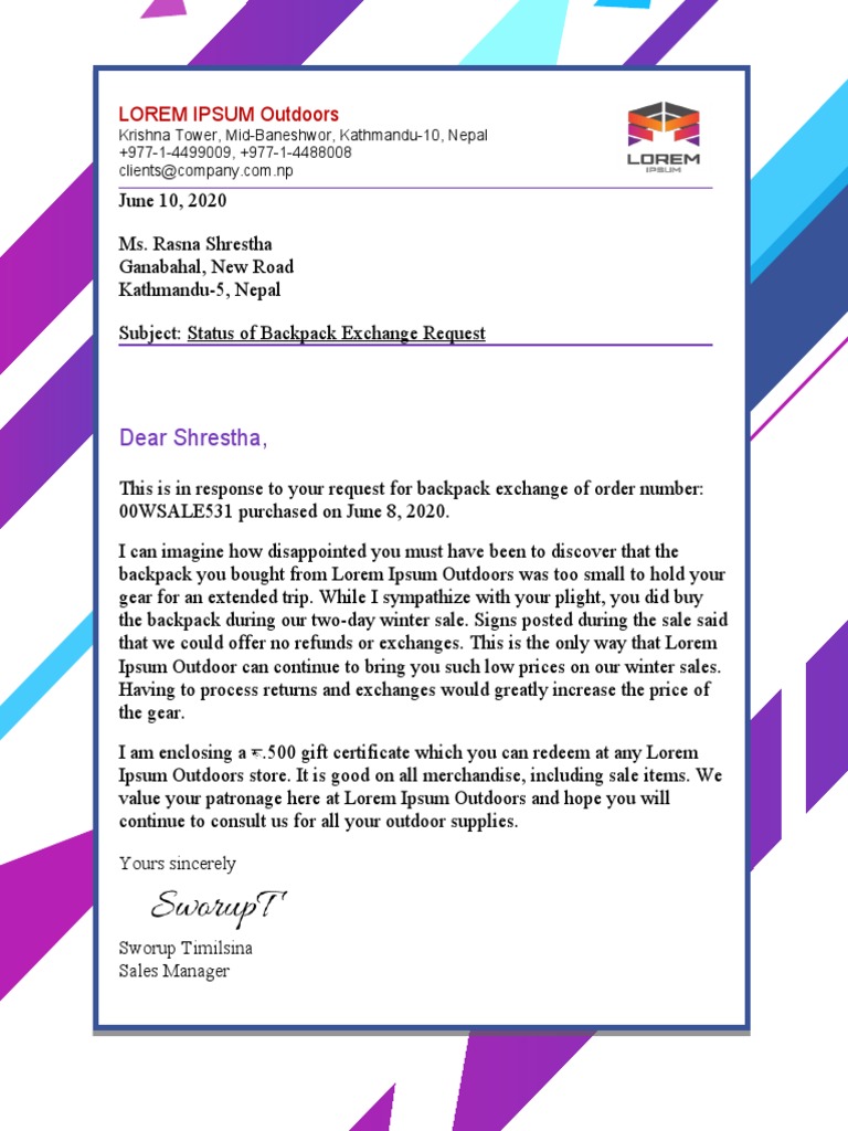 Backpack Exchange Request Response | PDF | Sports & Recreation