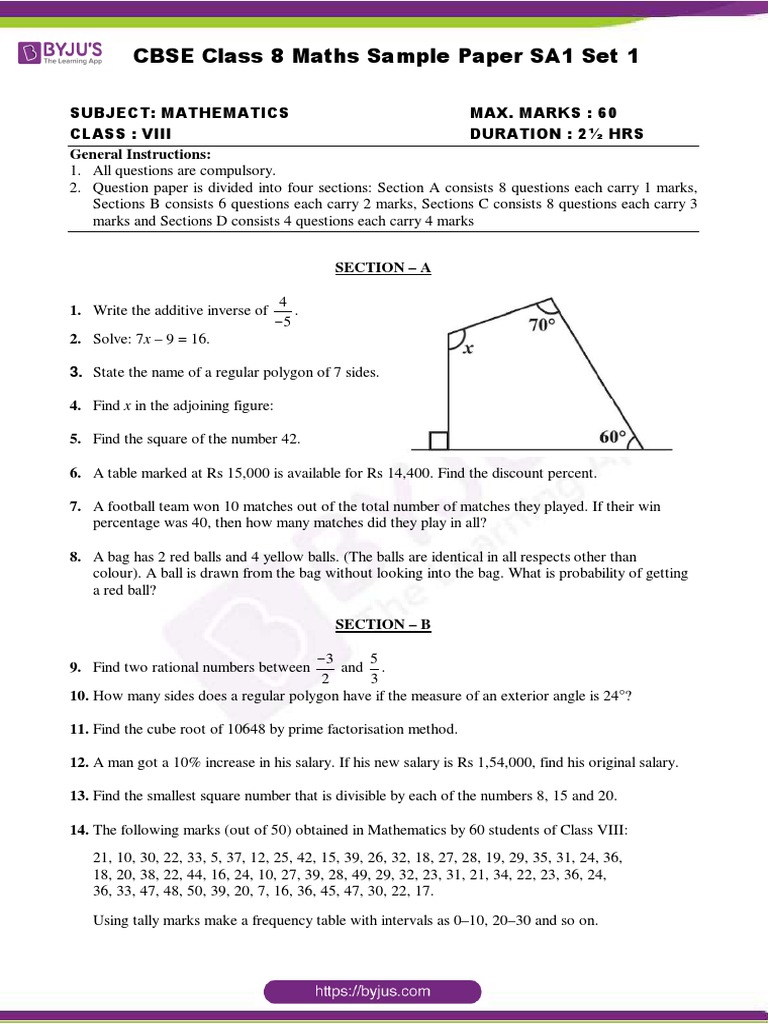 Class 8 Maths SA1 Question Paper | PDF | Teaching Mathematics