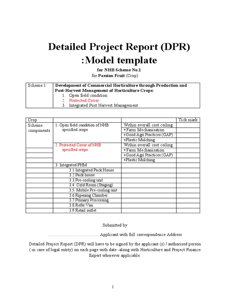 Detailed Project Report (DPR) :model Template: For NHB Scheme No.1 ...