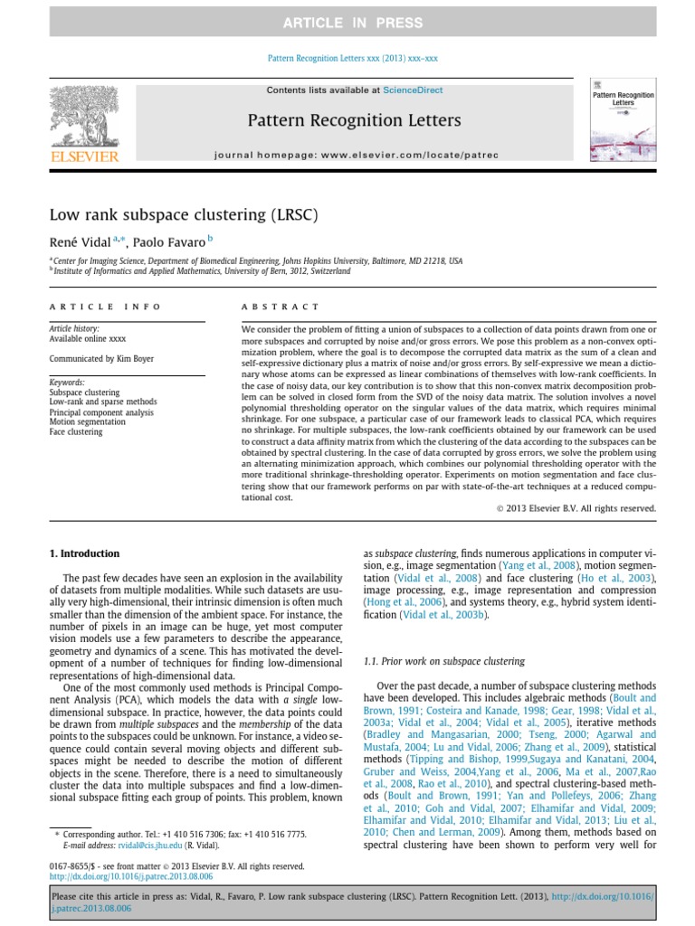 Pattern Recognition Letters: René Vidal, Paolo Favaro | PDF | Principal ...
