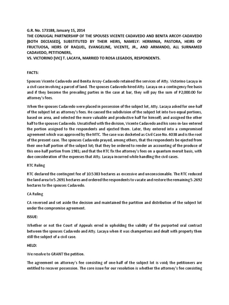 G.R. No. 173188 Sps Cadaveda Vs Atty. Lacaya Case Digest PDF