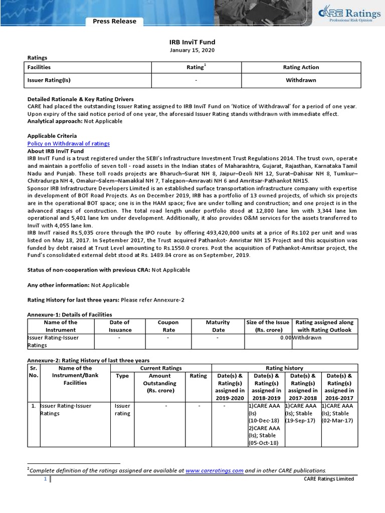 IRB InviT Fund Rating Withdrawn | PDF | Credit Rating Agency | Investor