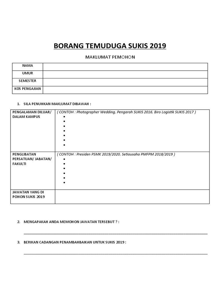 Borang Temuduga Sukis 2019 | PDF