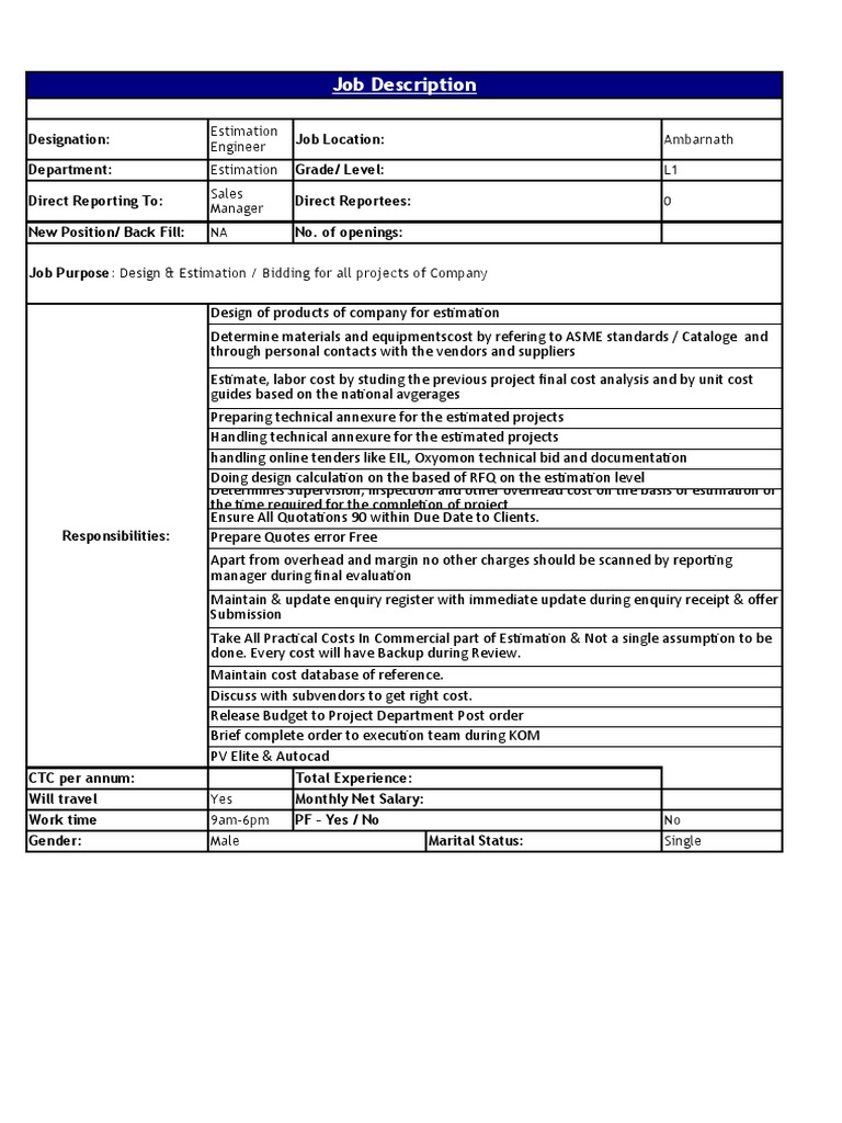 Job Description Ambarnath Estimation L1 0 NA Estimation Engineer PDF