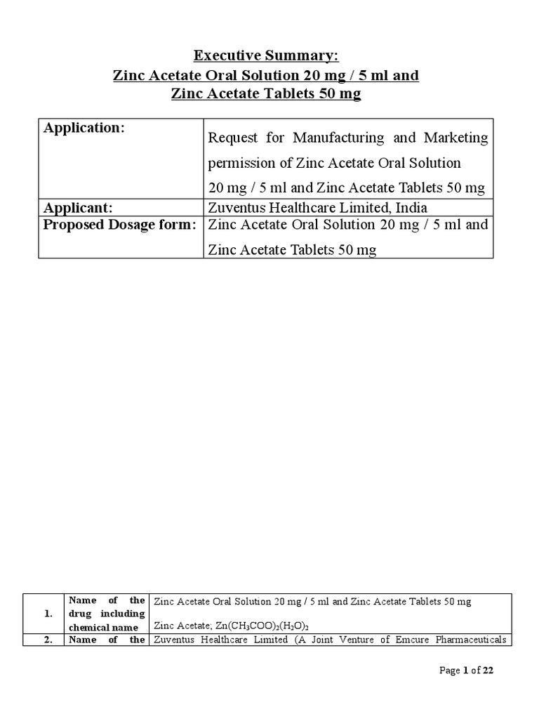 Executive Summary Zinc Acetate Oral Solution & Tablets PDF