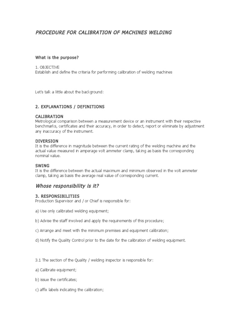 Procedure For Calibration Of Machines Welding Pdf Pdf Calibration
