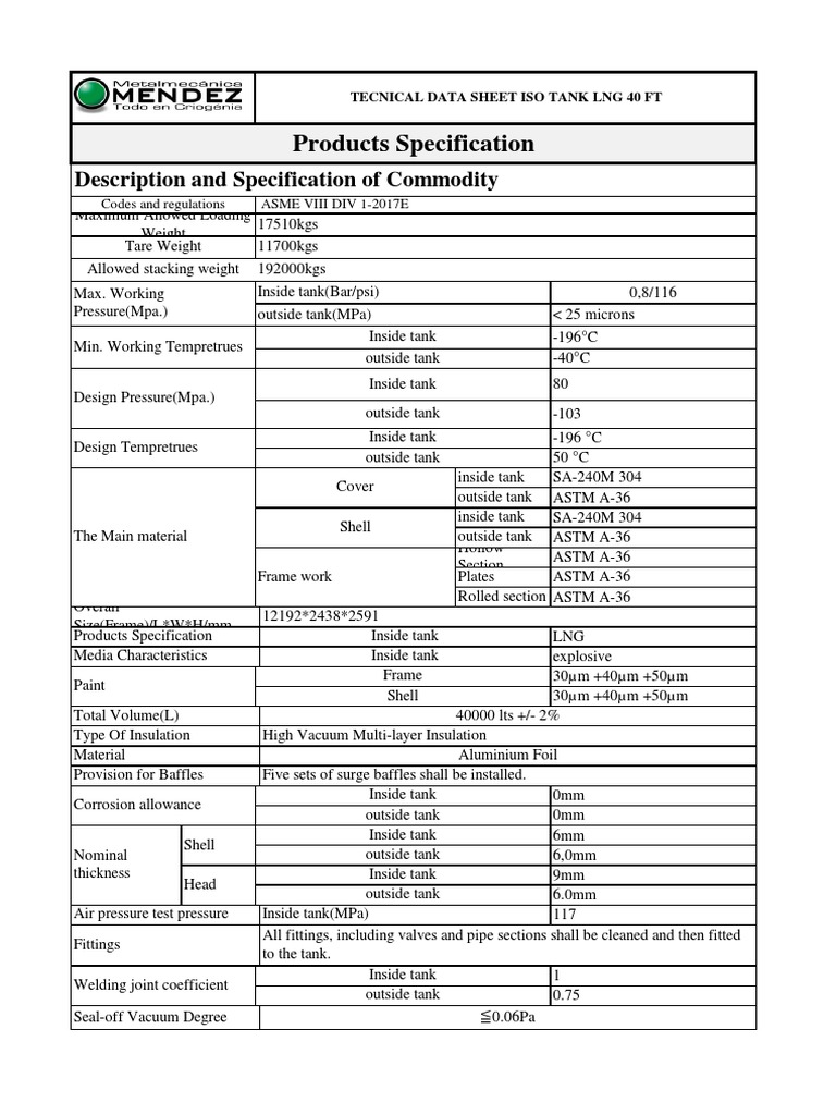 40 ft ISO Tank Specifications PDF | PDF | Leak | Building Engineering