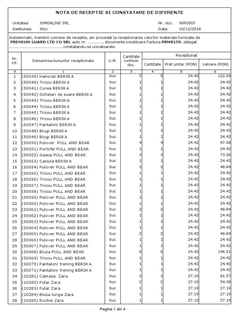 Nota de Receptie Si Constatare de Diferente: Pagina 1 Din 4 | PDF
