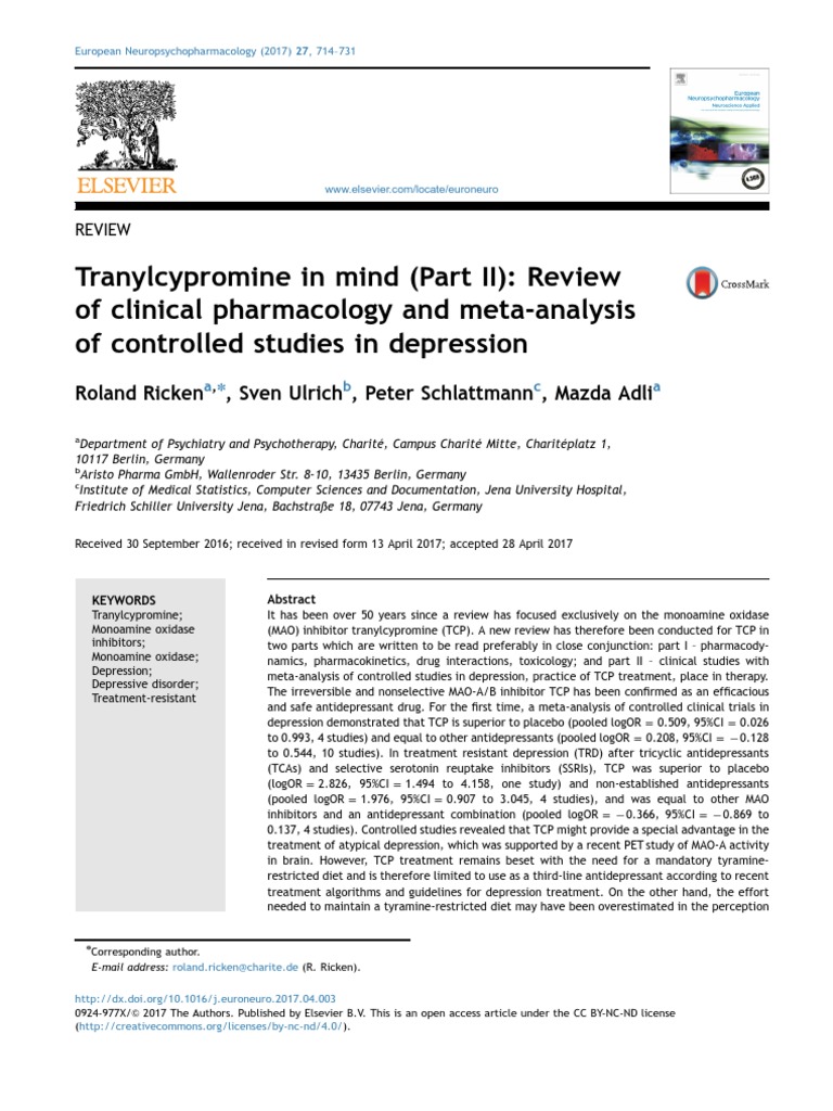 Tranylcypromine In Mind Part Ii Review Of Clinical Ph 17 European Neuro Pdf Antidepressant Major Depressive Disorder