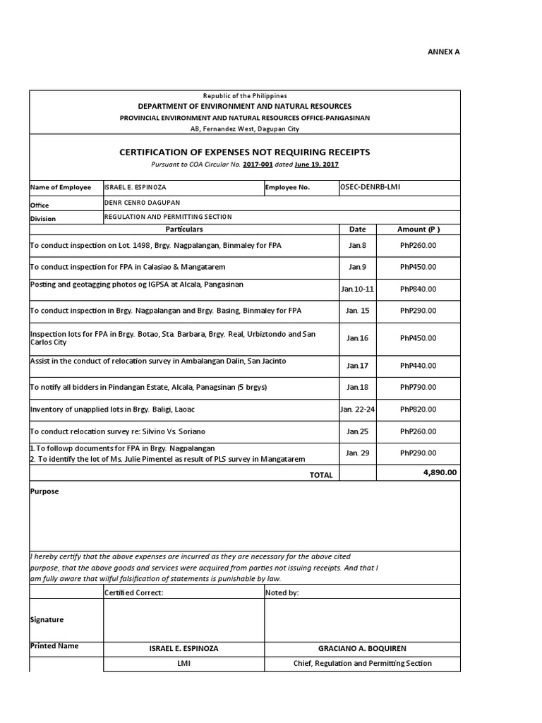 Certification of Expenses Not Requiring Receipts: Republic of The ...