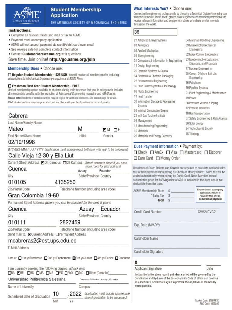 ASME Student Membership Application Form | PDF | Engineer | Engineering