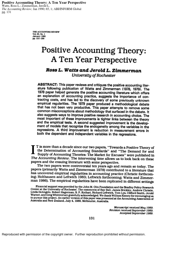 Positive Accounting Theory A Ten Year Perspective. Watts, Ross L