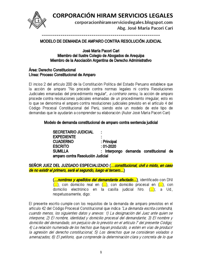 Modelo de Demanda de Amparo Judicial | PDF | Ley procesal | Demanda ...