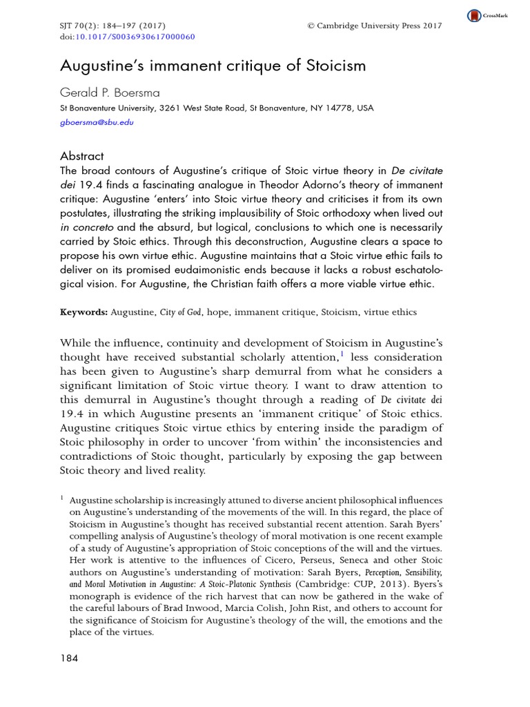 Augustine's Immanent Critique of Stoicism ST Bonaventure University, 3261 West State Road, ST