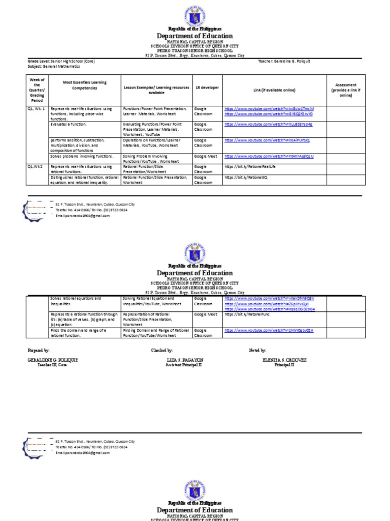 Senior High General Mathematics Plan | PDF | Function (Mathematics ...