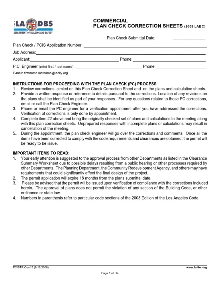 2008 Commercial Plan Check Correction Sheet | PDF | Wall | Ceiling
