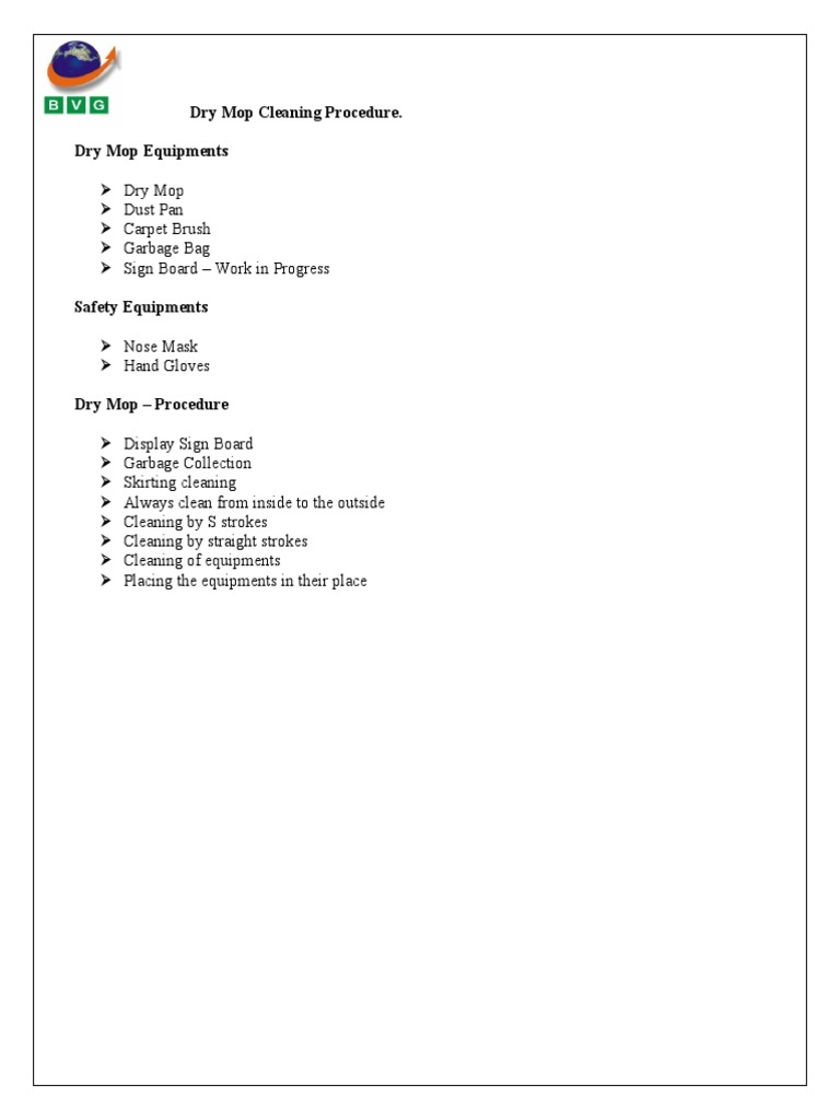 Dry Mop Cleaning Procedure. Dry Mop Equipments PDF