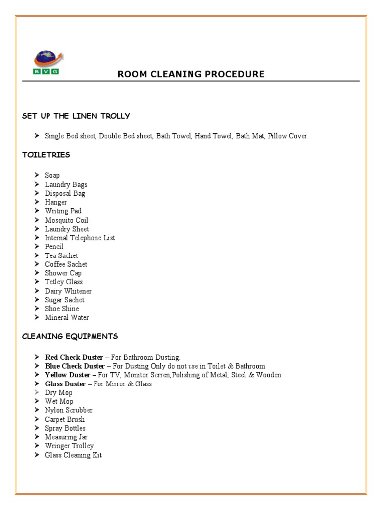Room Cleaning Procedure PDF Bed Housekeeping