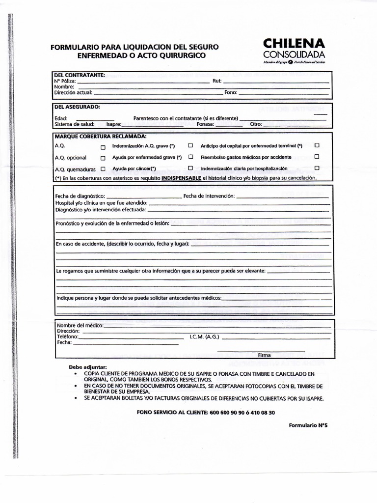 Formulario Liquidación Seguro Enfermedad o Acto Quirúrgico Chilena