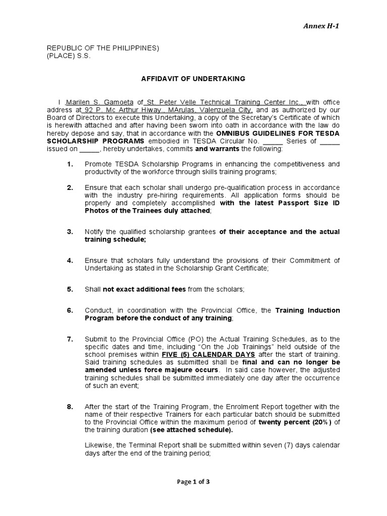 Annex H1 Affidavit of Undertaking Revised | PDF | Regulatory Compliance ...