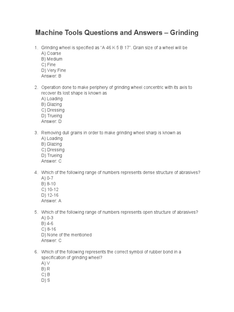 Machine Tools Questions and Answers Grinding PDF Grinding