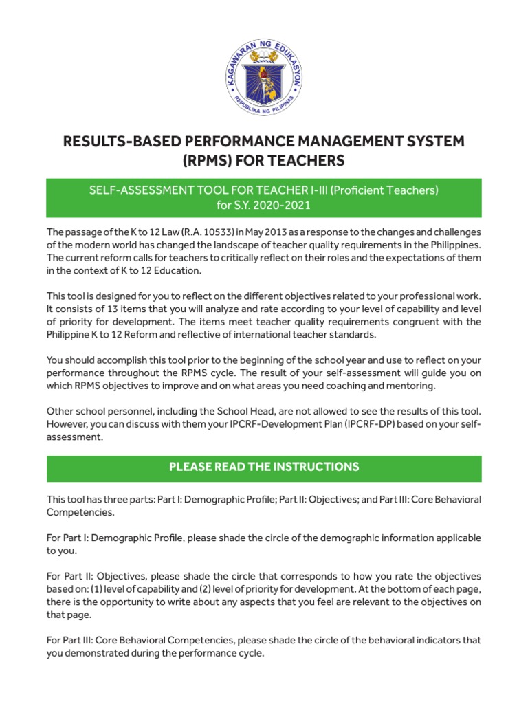 RPMS Self-Assessment Tool for Teachers | PDF | Competence (Human ...