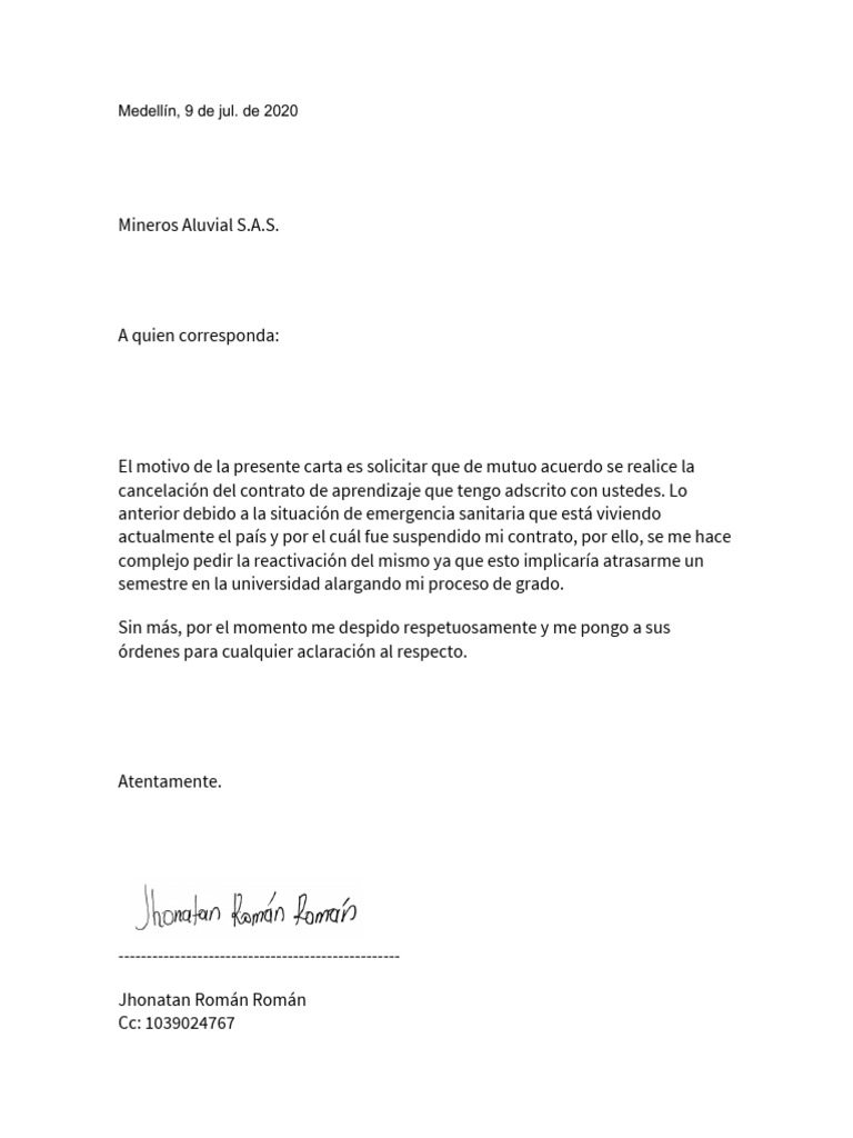 Carta Cancelaci n De Contrato PDF PDF