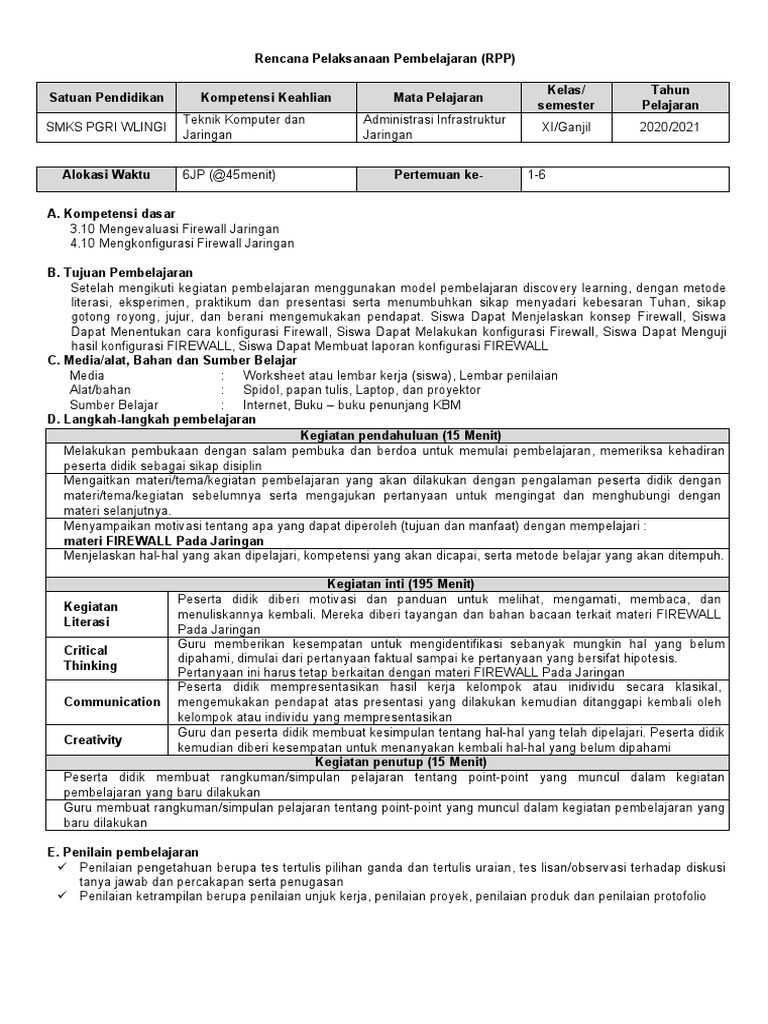 Rpp Aij 1 Lembar Kelas 12 Firewall Pdf