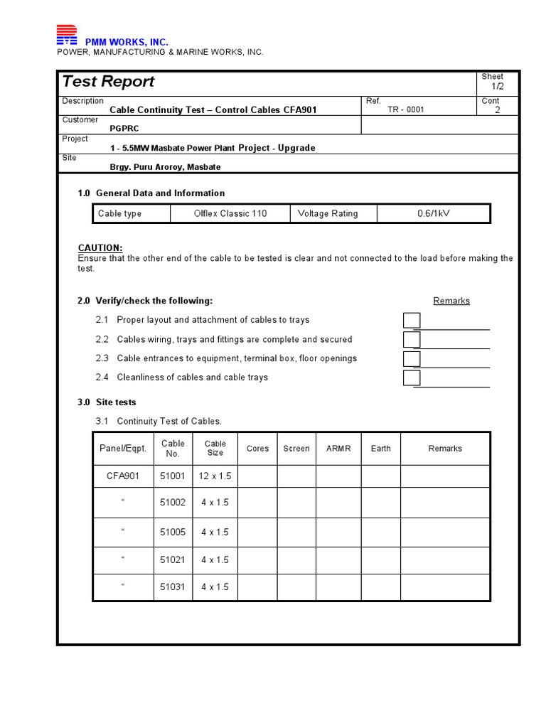 TR001 Control Cable CFA901Continuity Test PDF Electrical Wiring