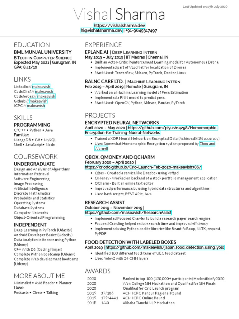 Vishal Sharma Resume Artificial Intelligence Intelligence Ai Semantics