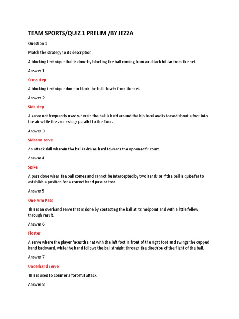 Team Sports Quiz 1 Prelim by Jezza PDF