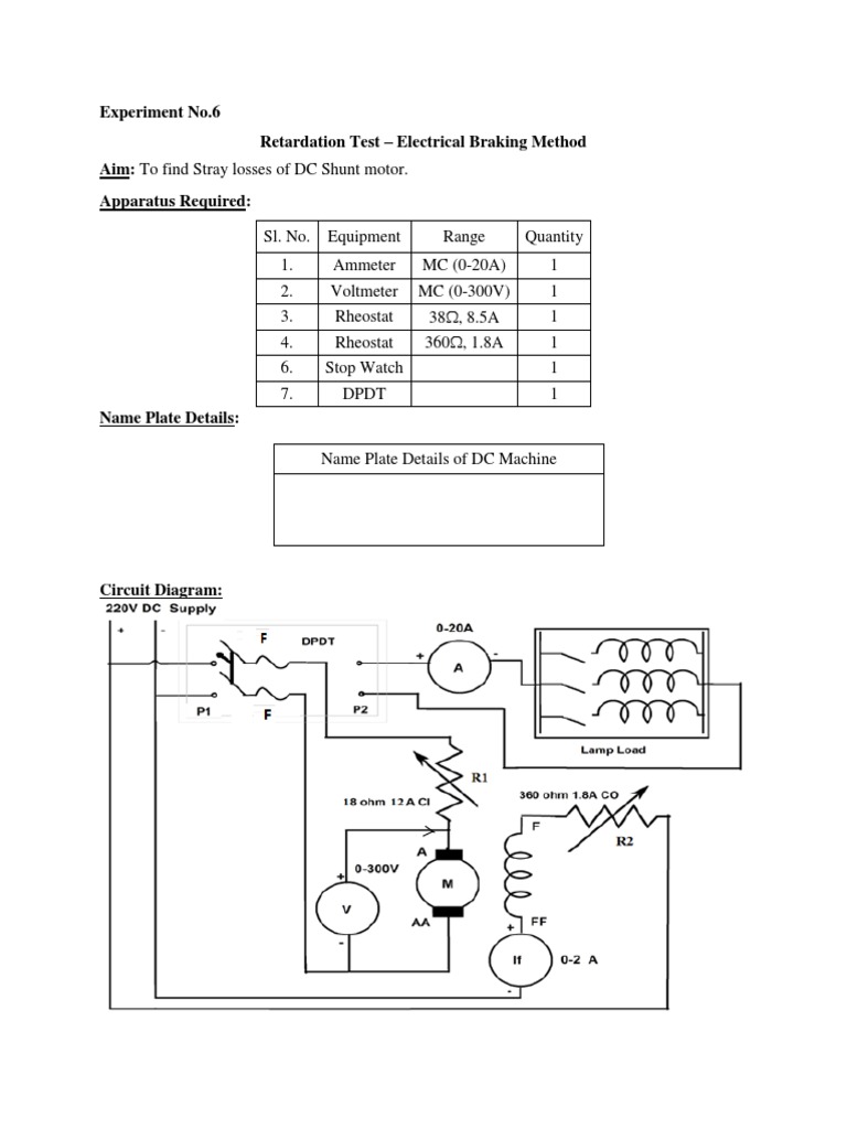 Experiment No.6 Retardation Test Electrical Braking Method Aim To