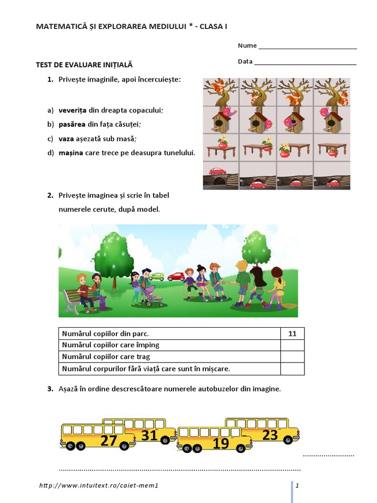 Test - Evaluare - Initiala - MEM CLASA I | PDF