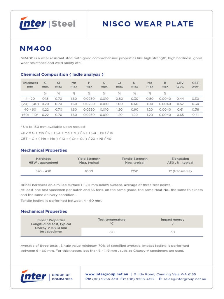 Steel: Nisco Wear Plate NM400 | PDF | Chemical Product Engineering ...