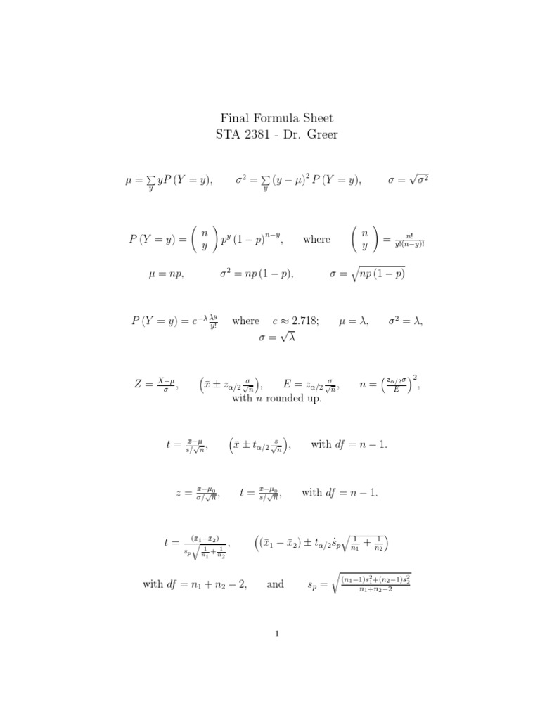STA 2381 Final Formula Sheet | PDF | Teaching Methods & Materials